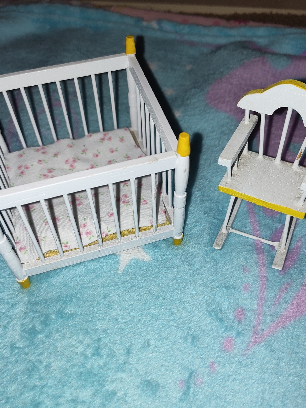 Doll House Nursery White and Yellow Playpen & Rocking Chair